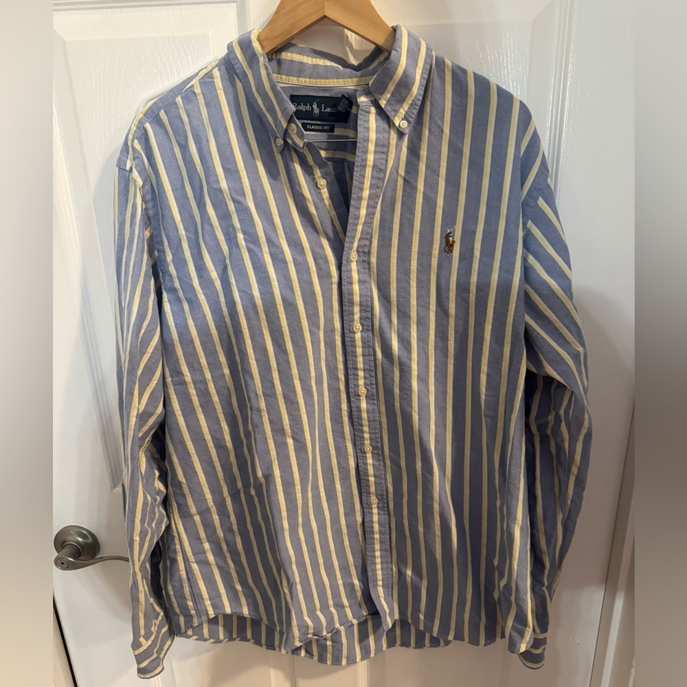 Ralph Lauren Men's Blue and Yellow Striped Shirt, size XL